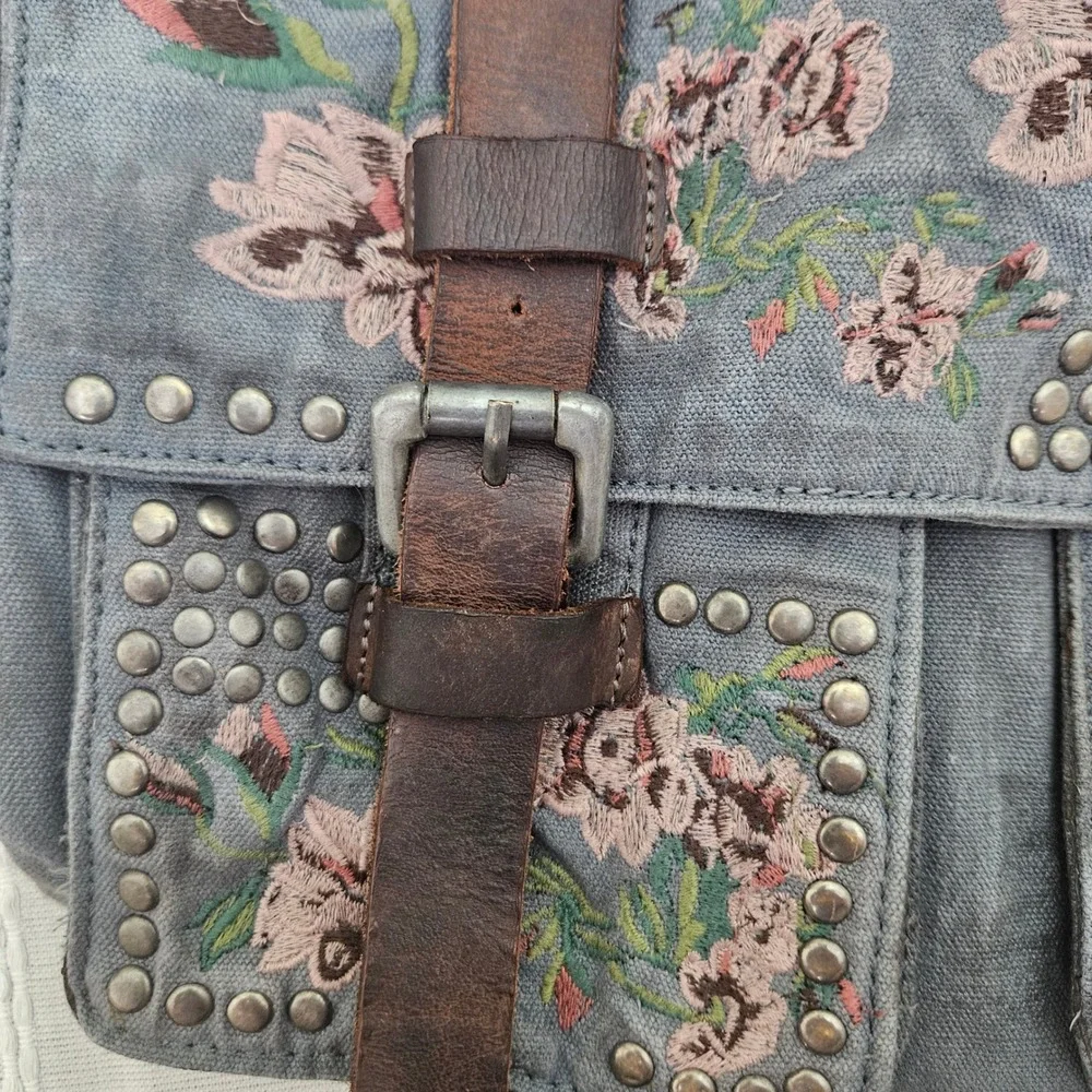 Free People Floral Embroidered Studded Canvas Messenger Bag Blue Boho Crossbody